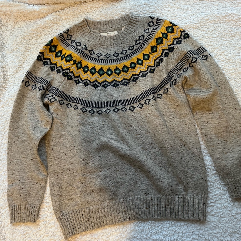Original Weatherproof Gray and Yellow Crewneck Sweater with Nordic Pattern